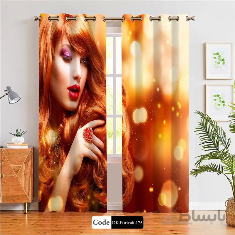 پرده پانچی (هازان و مخمل) کد DK.Portrait.175 طرح چهره زن با موهای نارنجی