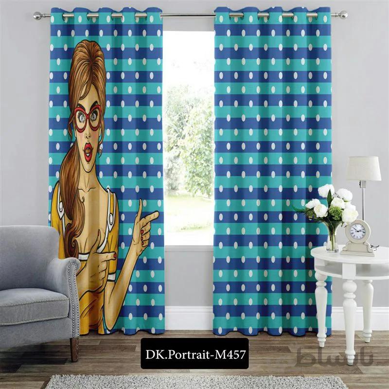 پرده پانچی (هازان و مخمل) کد DK.Portrait.M457 طرح چهره دختر عینکی