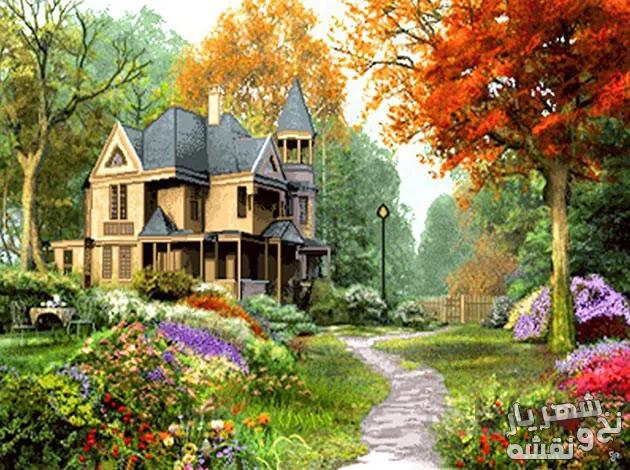 نخ و نقشه بافت تابلو فرش منظره کلبه جنگلی - 581