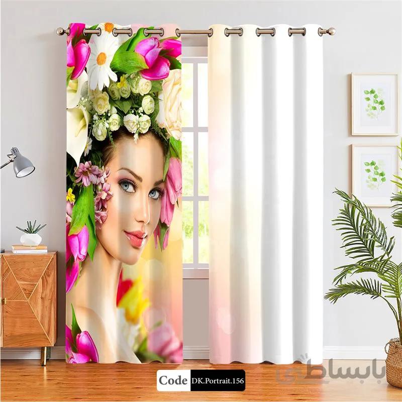 پرده پانچی (هازان و مخمل) کد DK.Portrait.156 طرح چهره زن با تاج گل ها