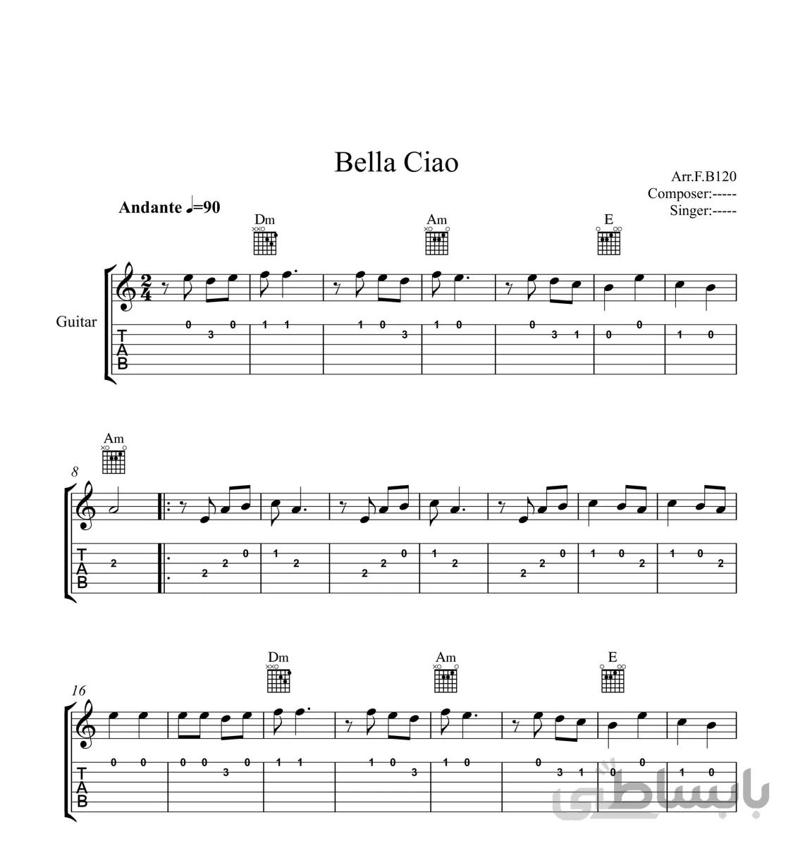 نت گیتار بلاچاو Bella Ciao به همراه تبلچر و آکورد نسخه ساده