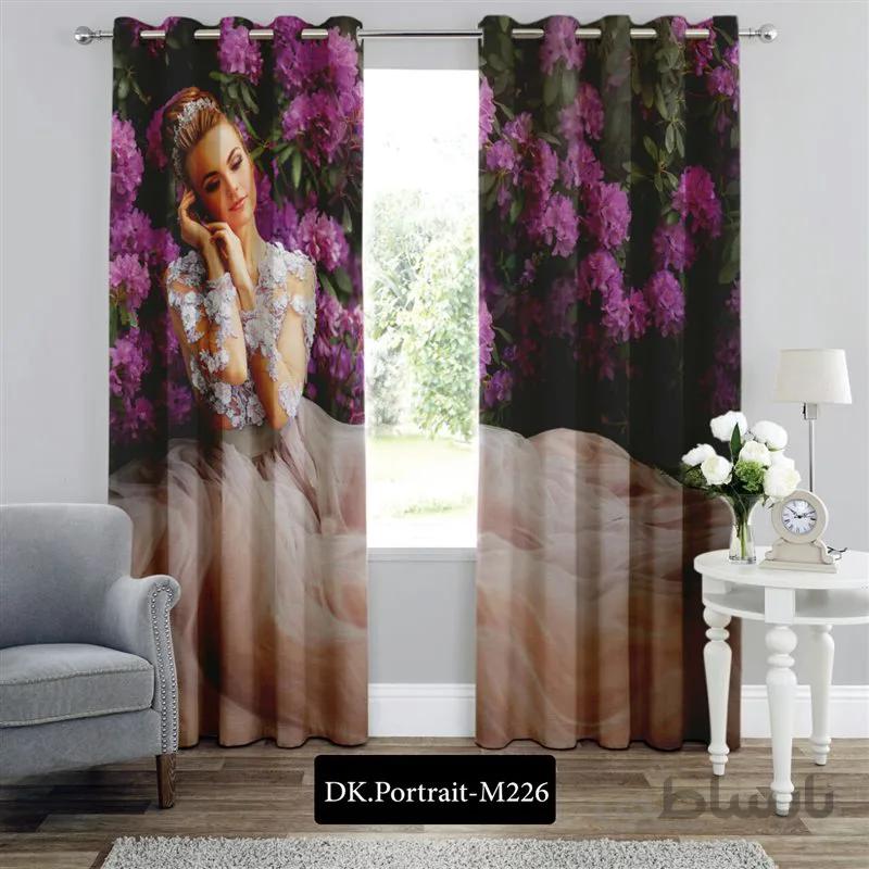 پرده پانچی (هازان و مخمل) کد DK.Portrait.M226 طرح چهره پرنسس و گل ها