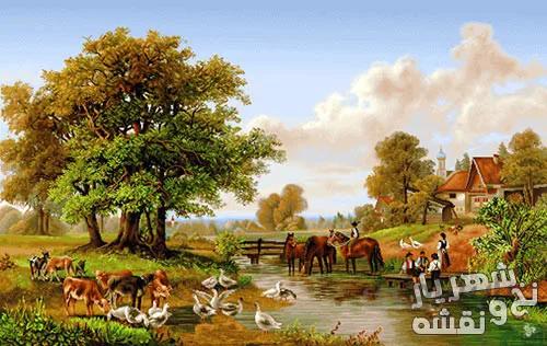 نخ و نقشه آماده تابلو فرش منظره دهکده و رودخانه زیبا کد 92686
