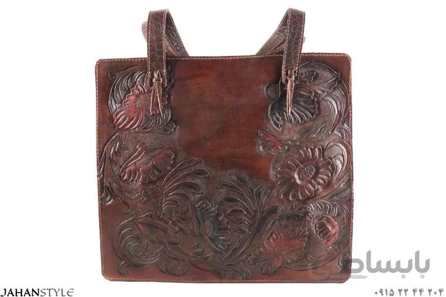 کیف دستی چرم طبیعی قلم زنی پرکار طرح گلستان