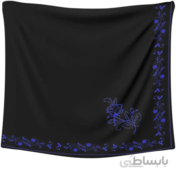 روسری حریر مشکی گلدوزی گل سرمه ای