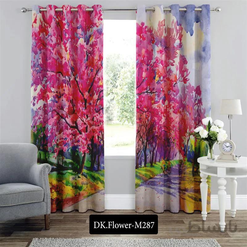 پرده پانچی (هازان و مخمل)کد DK.Flower.M287 طرح گل و منظره جاده ی بهاری