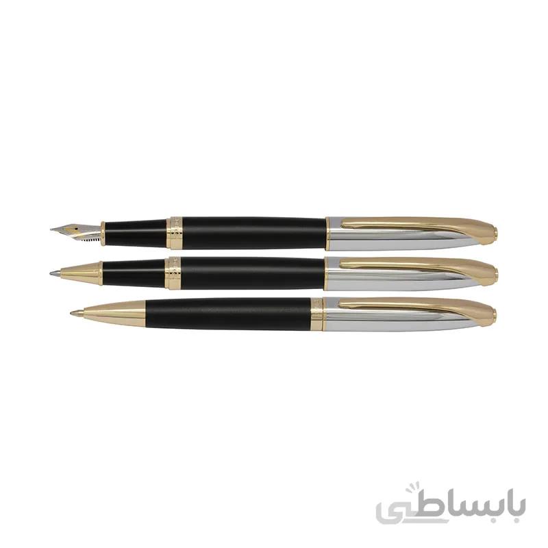 ست خودکار و خودنویس و روان نویس یوروپن مدل RING نیمه کروم مشکی مات گیره زرد