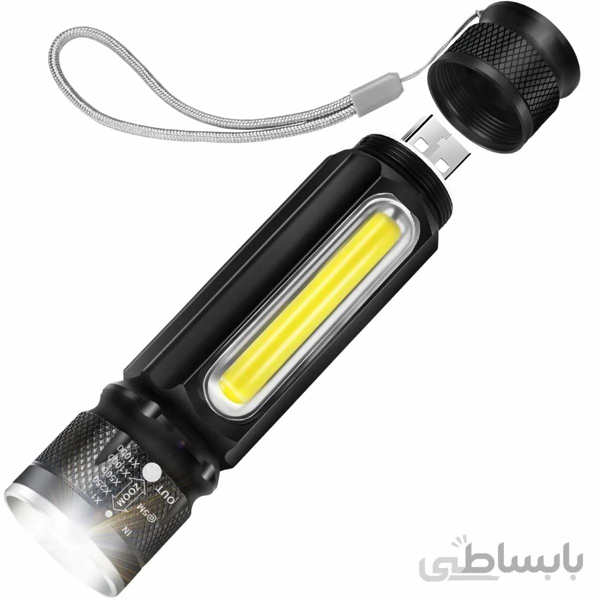 چراغ قوه دستی قابل شارژ USB با چراغ جانبی و آهنربا