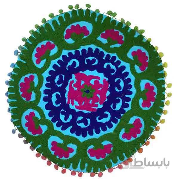 کاور کوسن دست دوز سوزنی هندی گرد طرح شقايق : زمينه آبی