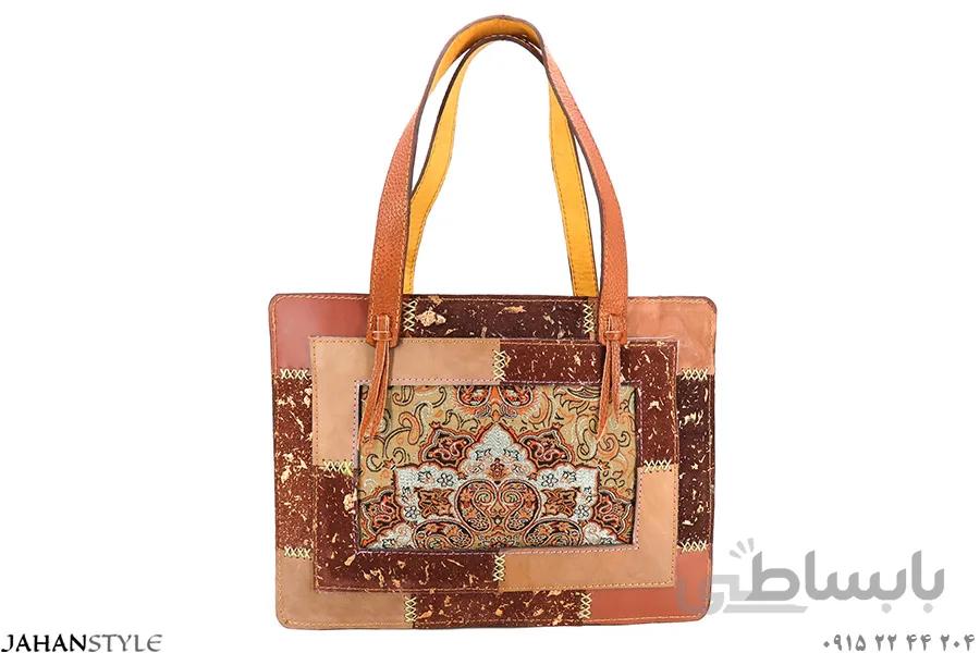 کیف دستی چرم طبیعی چهل تکه ترمه دوزی