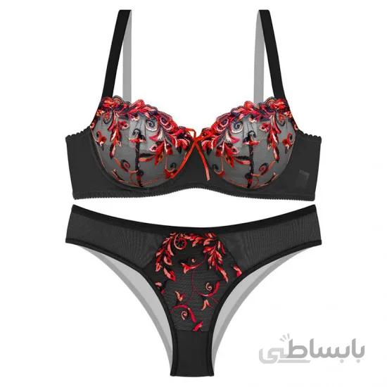 ست لباس زیر زنانه برند نوشه پوش طرح گل دار مشکی کد 84003