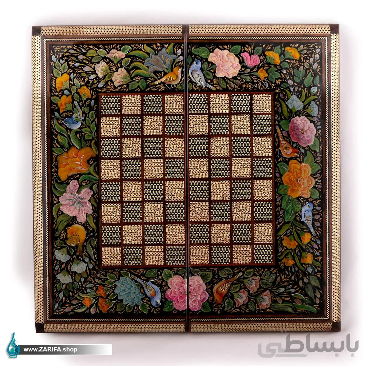تخته نرد خاتم اعلا با نقاشی گل و مرغ صدف مشکی ۵۰*۵۰