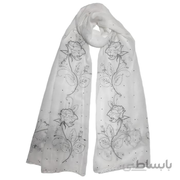 شال حریر سفید گلدوزی گل رُز نقره ای