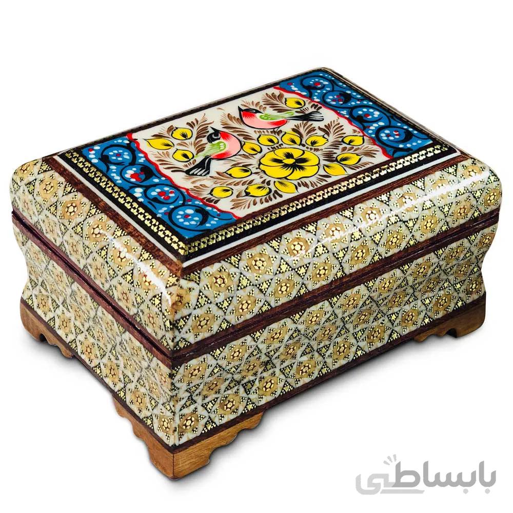 جعبه خاتم کاری با نقاشی گل و مرغ داخل جیر