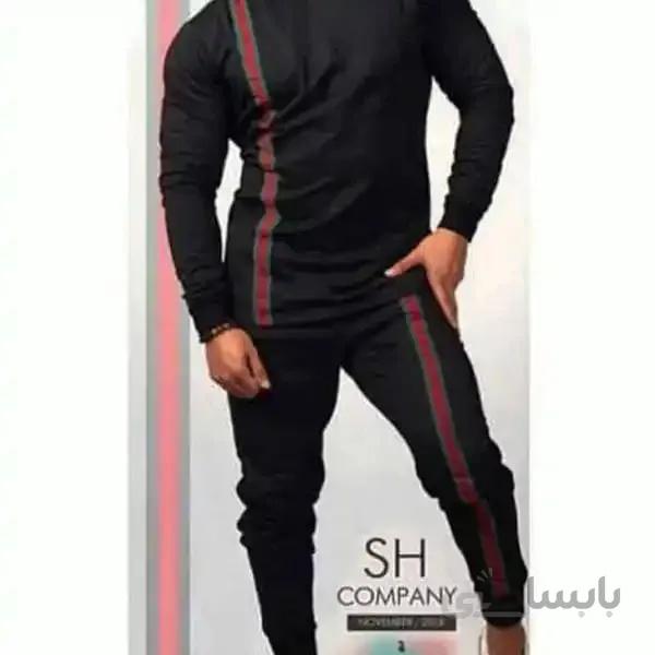 ست مردانه کد 028 سویشرت و شلوار طرح نوار گوچی دورس رنگ مشکی ا Men's set of Gucci straps made of Dors