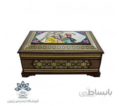 جعبه جواهرات خاتم کاری بزرگ با نقش نگارگری لیلی و مجنون