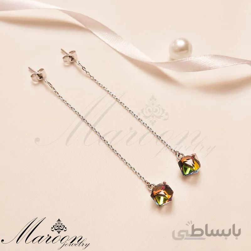 گوشواره سواروسکی مکعبی آویز مارون CG157