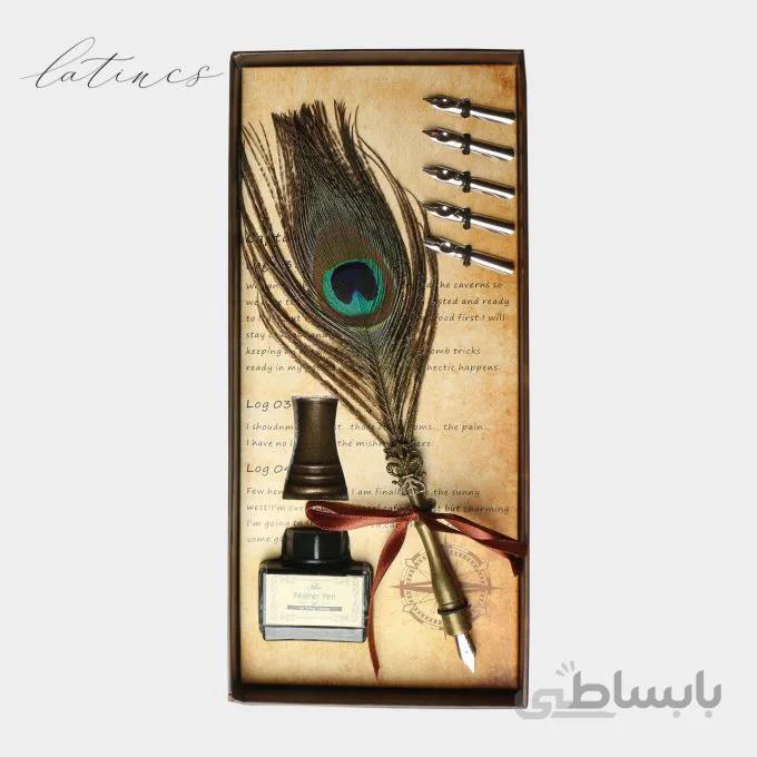 ست کالیگرافی قلم پر طاووس + پایه
