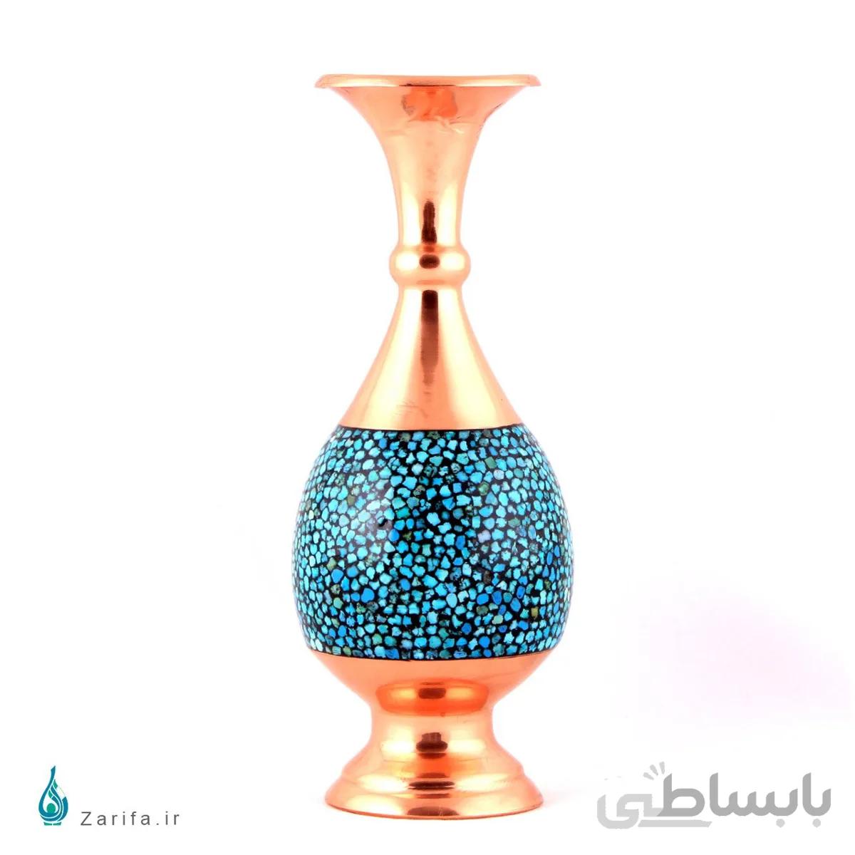 گلدان فیروزه کوب مسی صراحی سایز ۲۵ سانتی متری