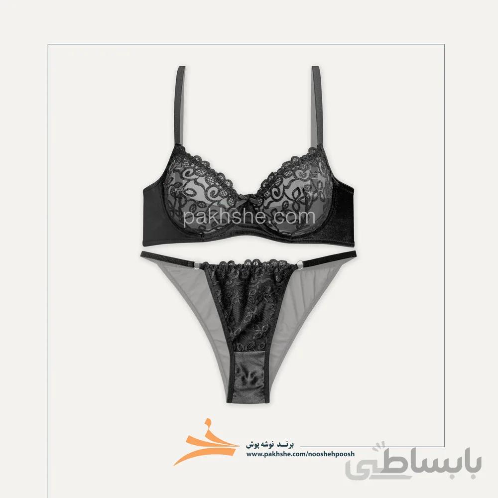 ست مخملی و تورگاز مشکی گل برجسته برند نوشه پوش کد 85019