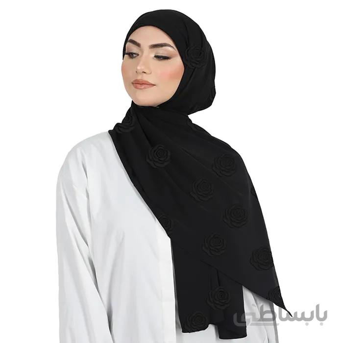 شال حریر مشکی گلدوزی رُز مشکی