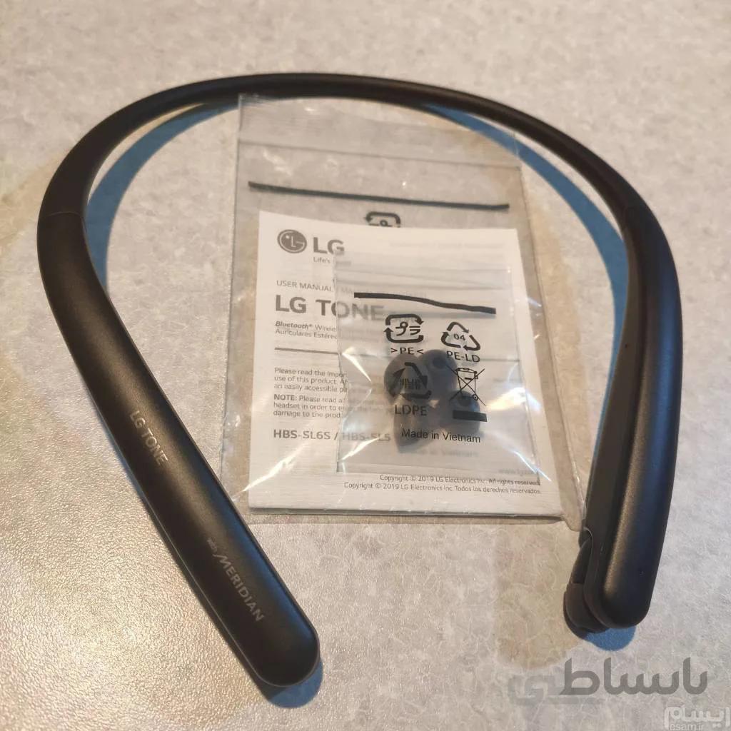 ایرباد ال جی تون استایل مدل HBS-SL5 بلوتوثی، بیسیم استریویی، مناسب گردن، با تنظیم صدا از شرکت صوتی مِریدیان ا LG Tone Style HBS-SL5 Bluetooth Wireless Stereo Neckband Earbuds Tuned by Meridian Audio