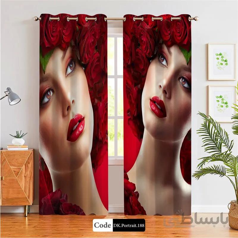 پرده پانچی (هازان و مخمل) کد DK.Portrait.188 طرح چهره زن با تاج گل