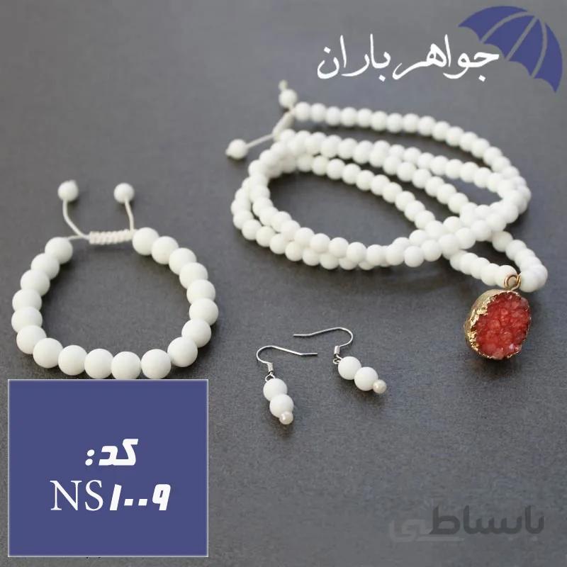 نیم ست اونیکس سفید با آویز راف کوارتز صورتی کد NS_1009
