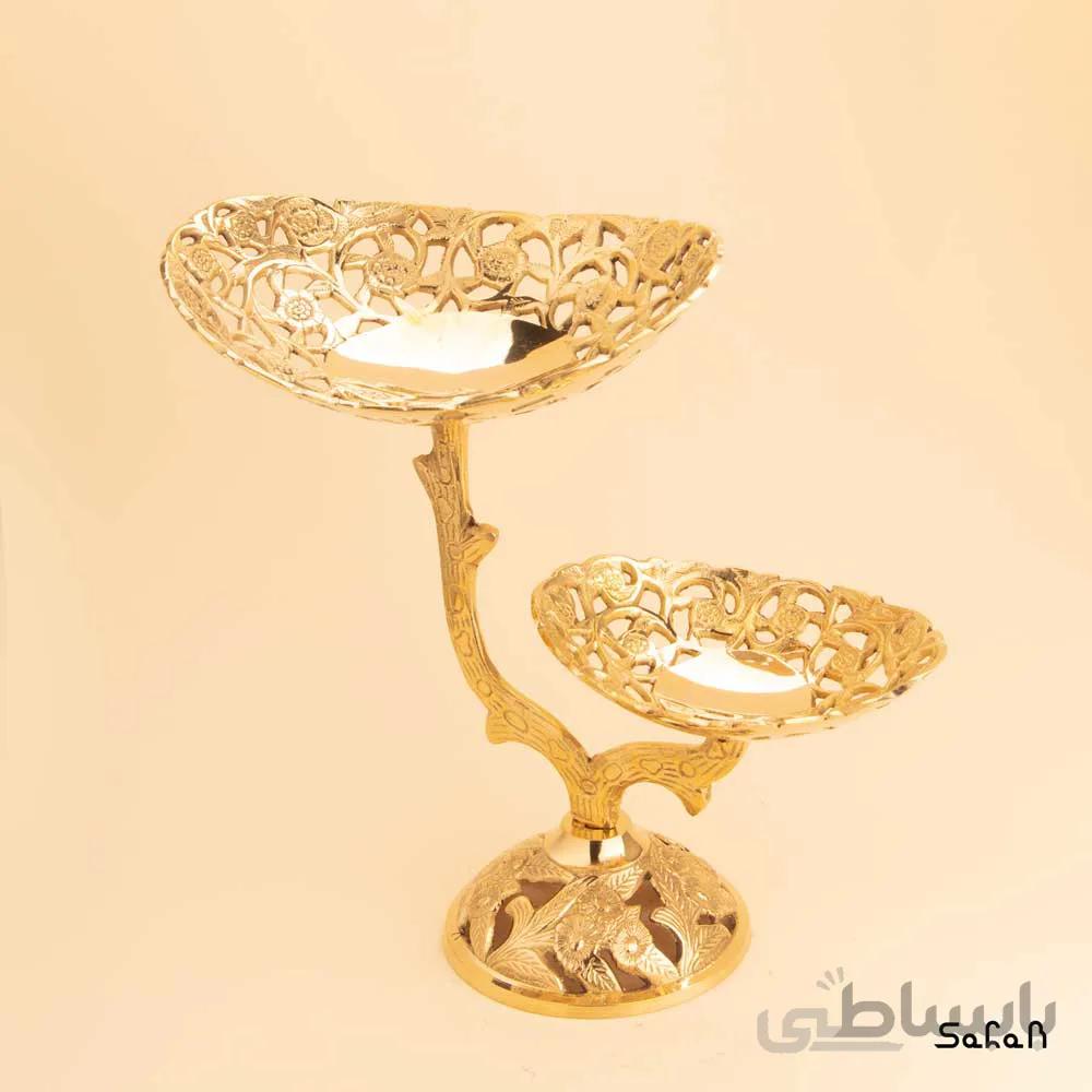 شیرینی خوری برنجی طلایی پایه دار دو طبقه بیضی مدل درختی