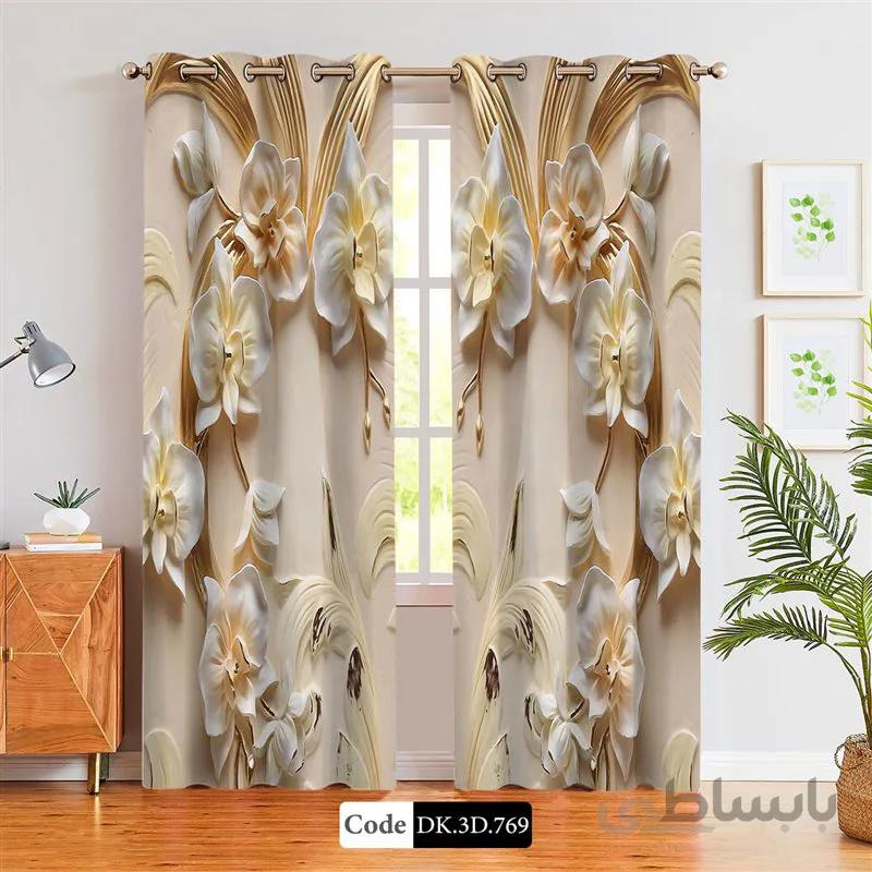 پرده پانچی (هازان و مخمل)کد DK.3D.769 طرح سه بعدی گل های سفید و طلایی
