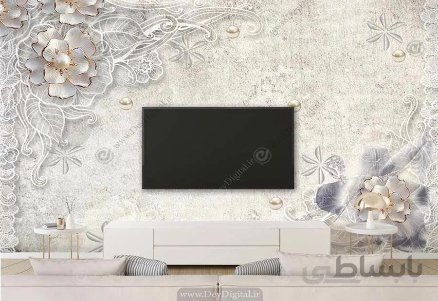 پوستر دیواری پشت تلویزیون طرح گل سه بعدی DL-10032
