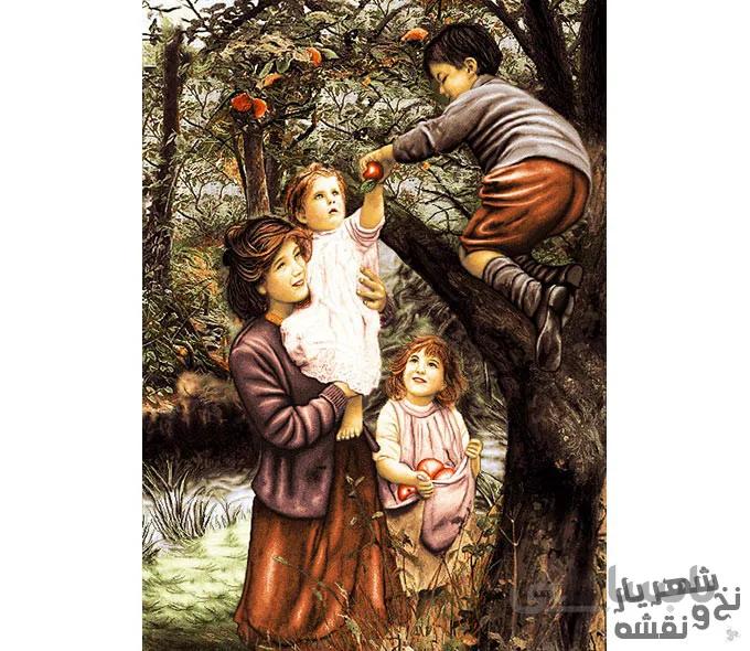 نخ و نقشه تابلو فرش طرح مادر و بچه ها در باغ کد 91956