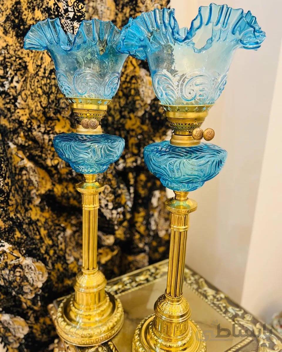 یک جفت چراغ لاله پایه برنجی فیروزه ای آنتیک