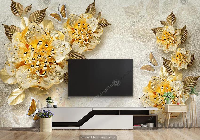پوستر دیواری سه بعدی گل های طلایی و زمینه برگی پشت تلویزیون BA-1015