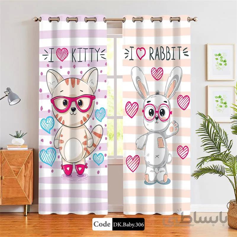 پرده پانچی (هازان و مخمل)کد DK.Baby.306 طرح نوزاد بچه خرگوش و بچه گربه