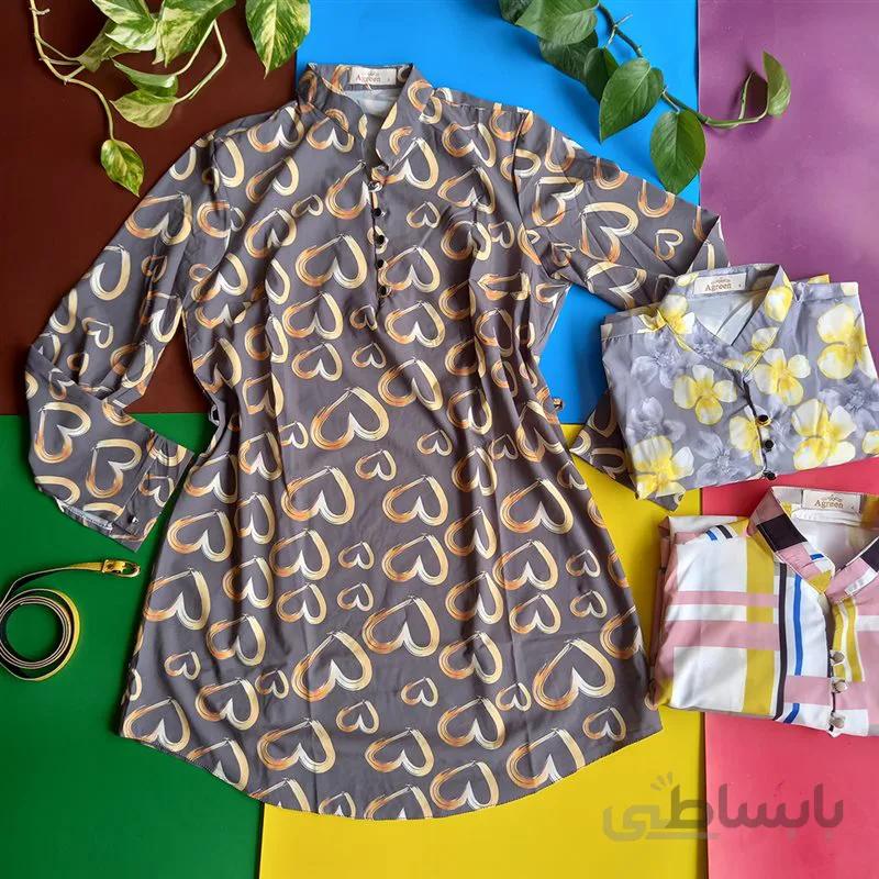 شومیز بلند جلو دکمه آستین مچی با کمربند چرم کد 3179