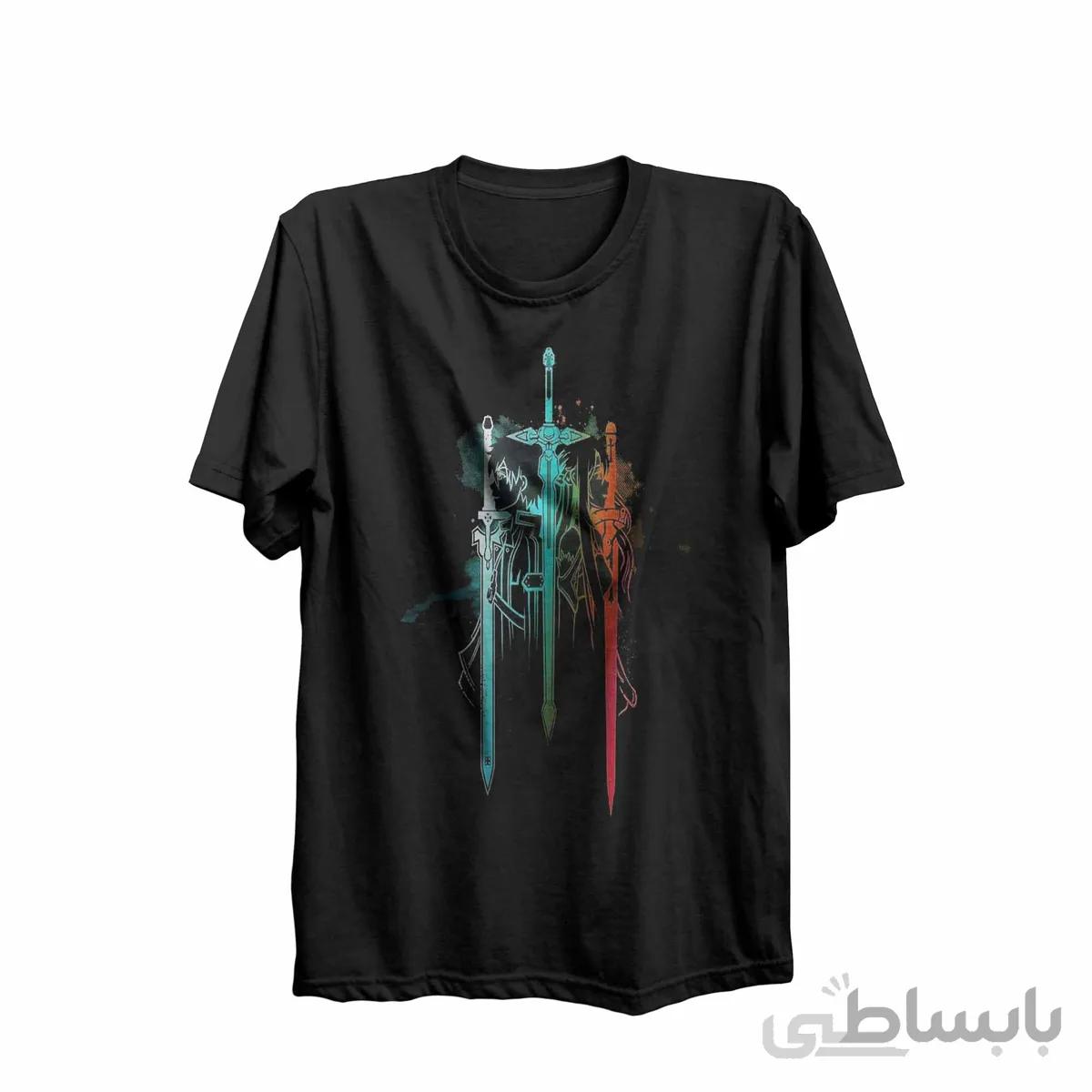 تیشرت یقه گرد مشکی طرح انیمه شمشیر زنی انلاین Sword Art Online