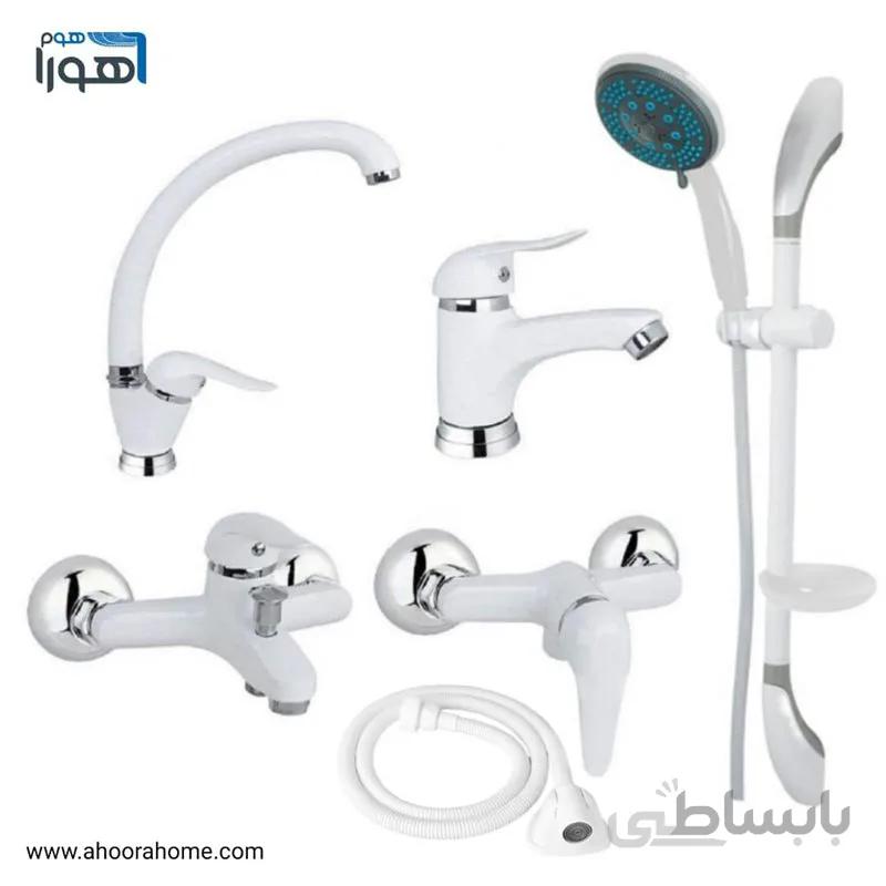 ست شیرآلات مدل راهو سفید کروم + علم دوش یونیکا + شلنگ توالت