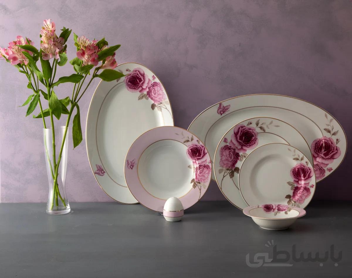 سرویس غذاخوری 28 پارچه چینی زرین ایران سری ایتالیا اف مدل رز فلاور درجه عالی ا Zarin Iran Italia F Roz Flower Dinnerware Set 28 Piece high Grade