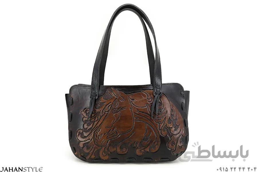 کیف دستی مشکی زنانه چرم طبیعی قلم‌زنی