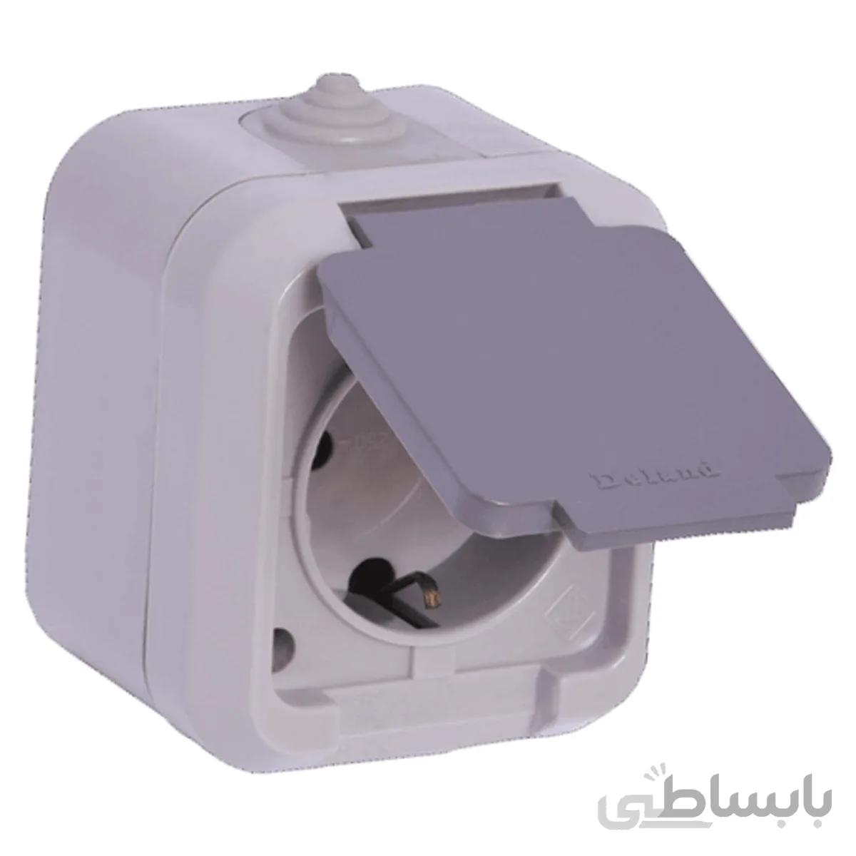 پریز برق ارت با پایه سرامیکی IP44 دلند طرح بارانی روکار سیلور