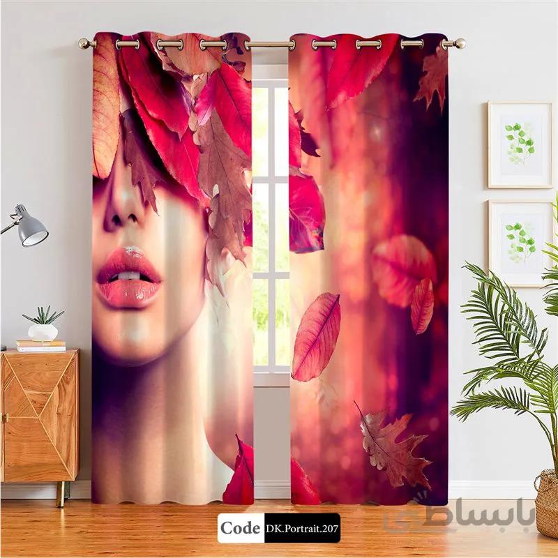 پرده پانچی (هازان و مخمل) کد DK.Portrait.207 طرح چهره زن با برگ های پاییزی