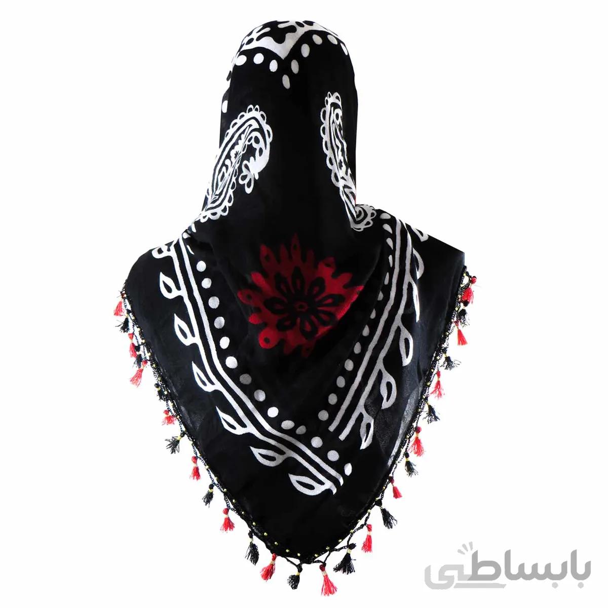روسری منگوله دار سنتی کردستان مشکی- قرمز 1.5 متری