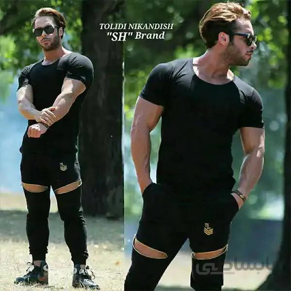 ست تیشرت آستین کوتاه و شلوار اسلش مردانه اسپرت طرح زیپدار رنگ مشکی ا Men's short sleeve T-shirt and sport slash pants with black zipper design