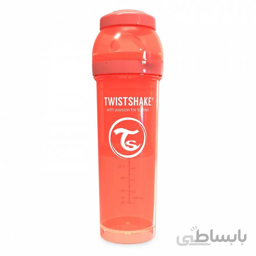 شیشه شیر ضد نفخ 330 میل پاستل هلویی تویست شیک Twistshake