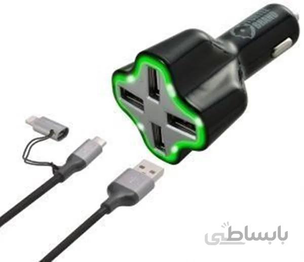 شارژر فندکی ترتل برند با کابل USB مایکرو لایتنیگ ا Turtle Brand 6.2A MFi Car charger w/ Lightning & Micro USB cable - Black