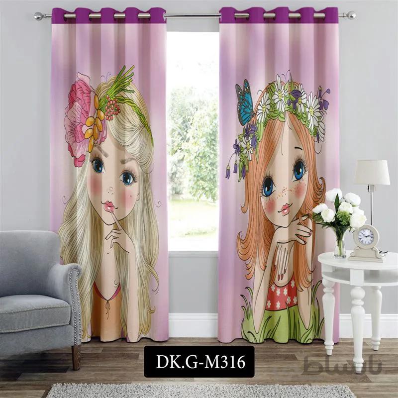 پرده پانچی (هازان و مخمل) کد DK.G.M316 طرح دخترانه دختران و تاج گل