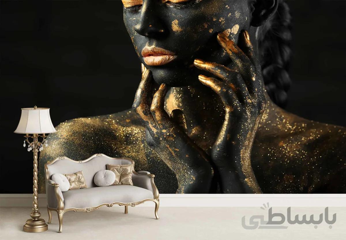 کاغذ دیواری سه بعدی زن مشکی طلایی ba-5976
