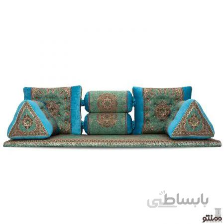 پشتی سنتی شاه نشین ترمه طرح نسترن کنار مخمل – ست 7 تکه سبز آبی