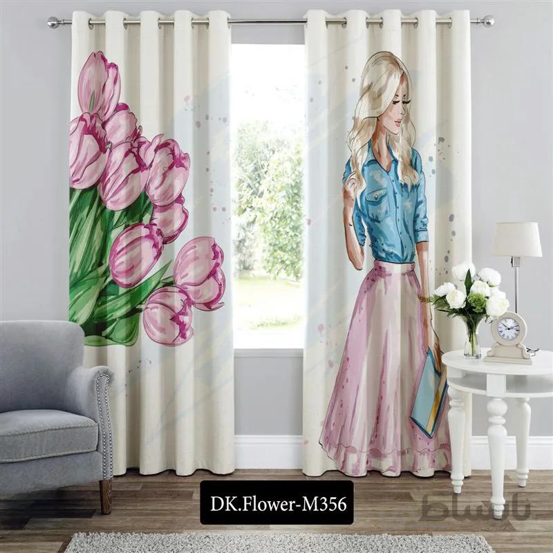 پرده پانچی (هازان و مخمل)کد DK.Flower.M356 طرح گل و منظره دختر و دسته گل صورتی